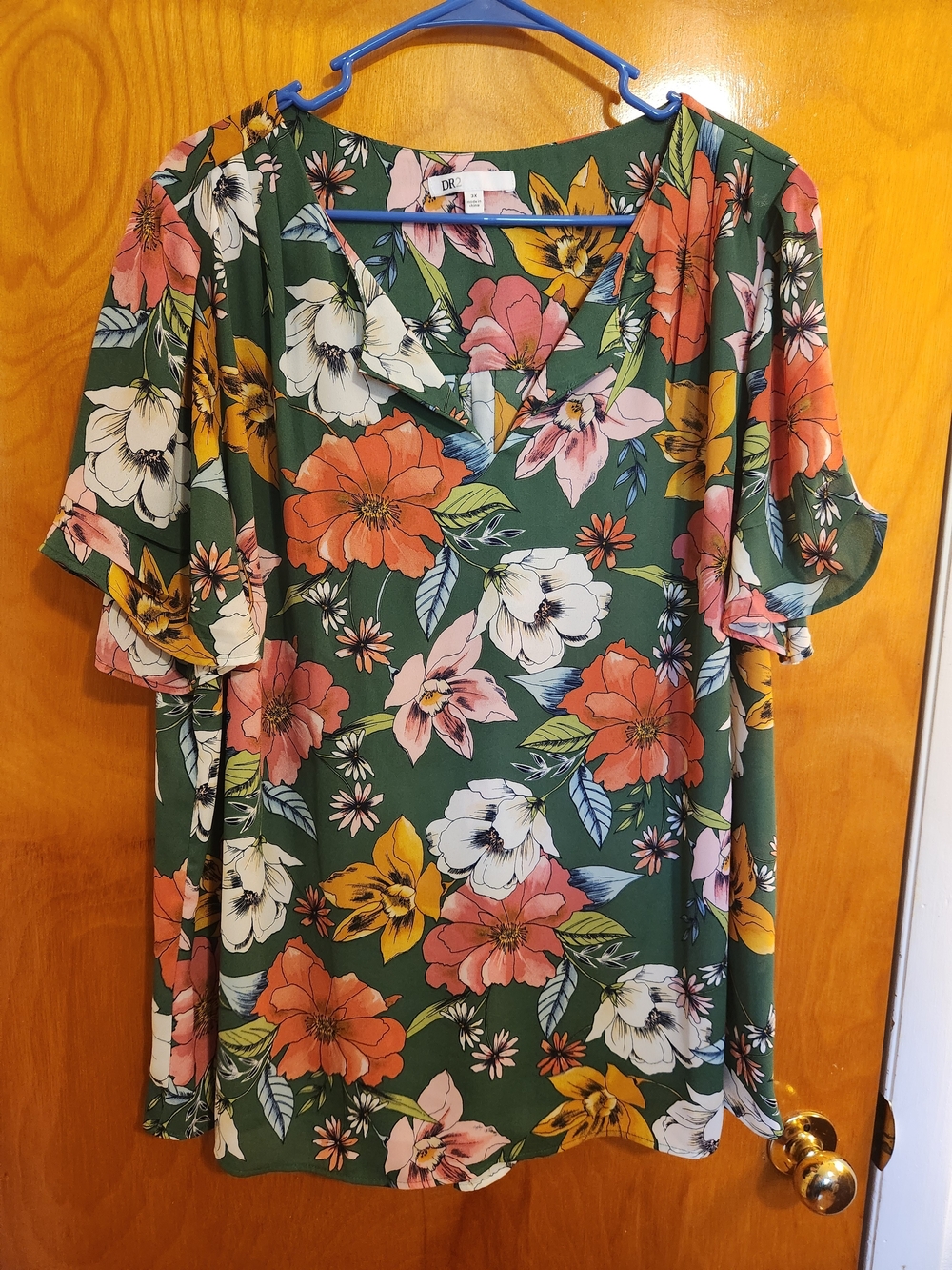 DR2 Green Floral Blouse with Coral & Cream Blooms